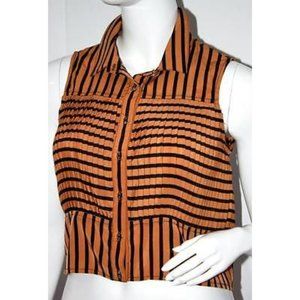 MINKPINK Short CROP Pleated OCHRE Black STRIPE Sleeveless Button TOP Shirt XS